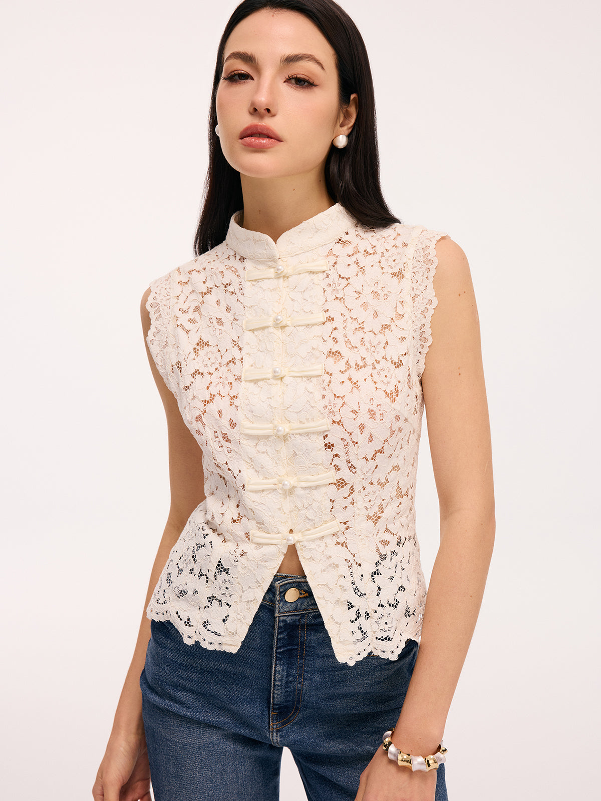 Lace Mandarin Collar Pearl Button Sleeveless Top-Chicvia