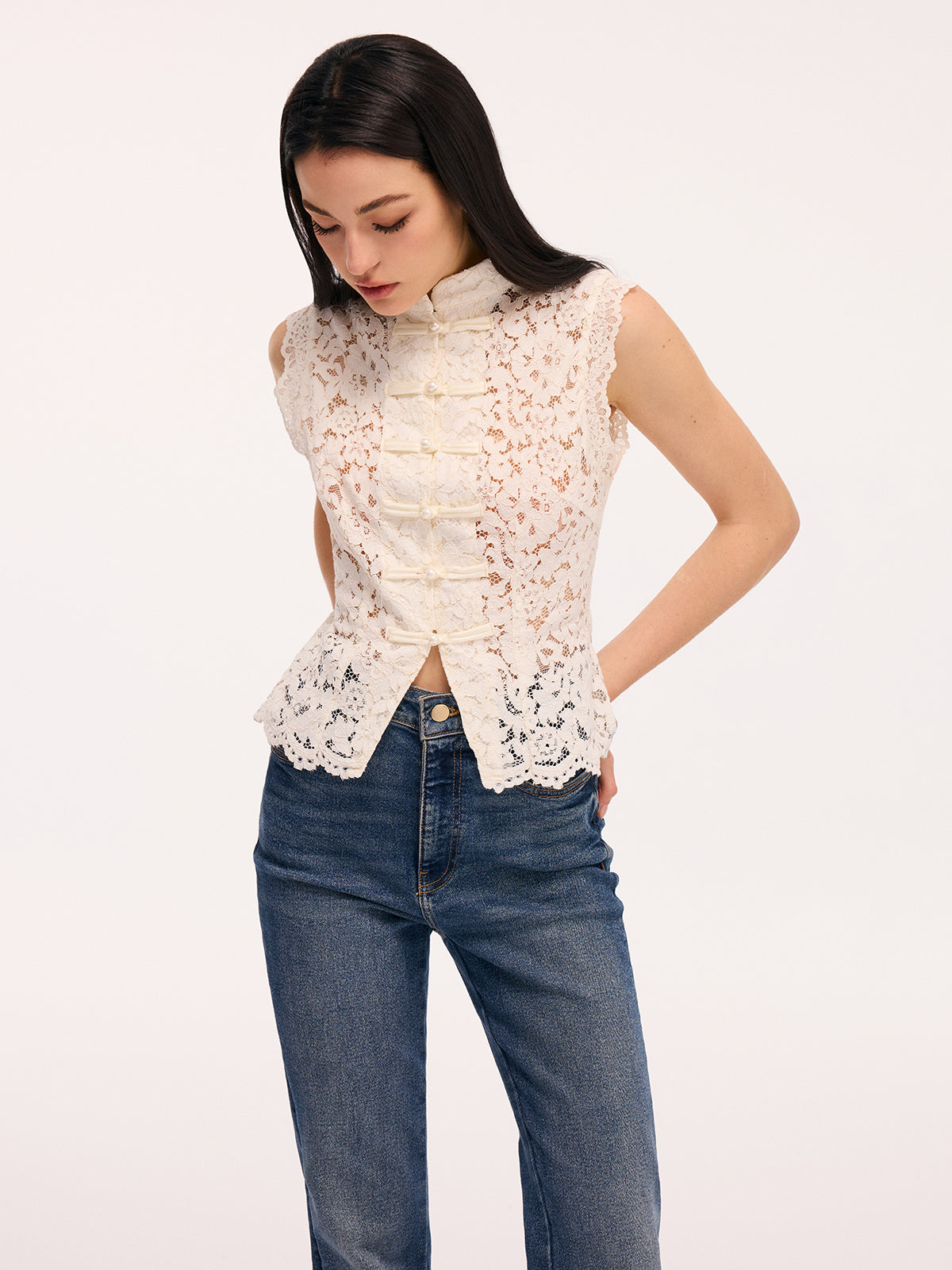 Lace Mandarin Collar Pearl Button Sleeveless Top-Chicvia