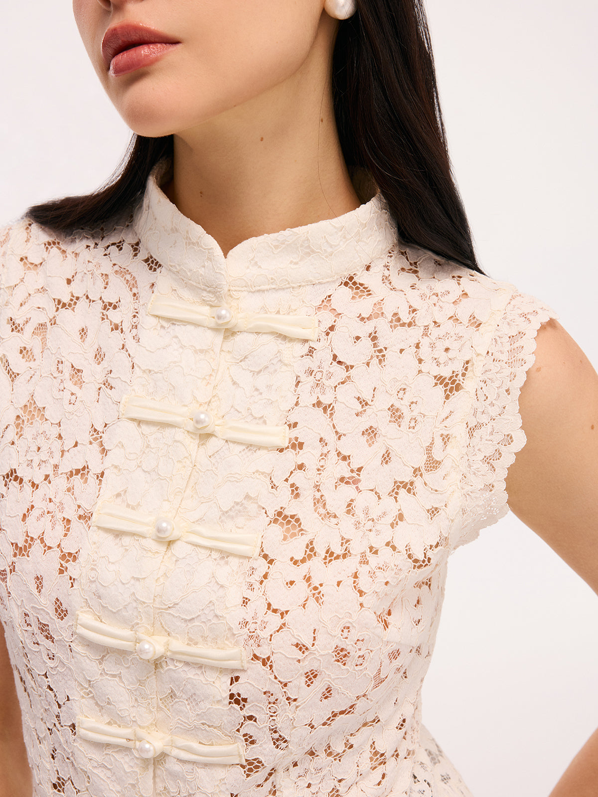 Lace Mandarin Collar Pearl Button Sleeveless Top-Chicvia
