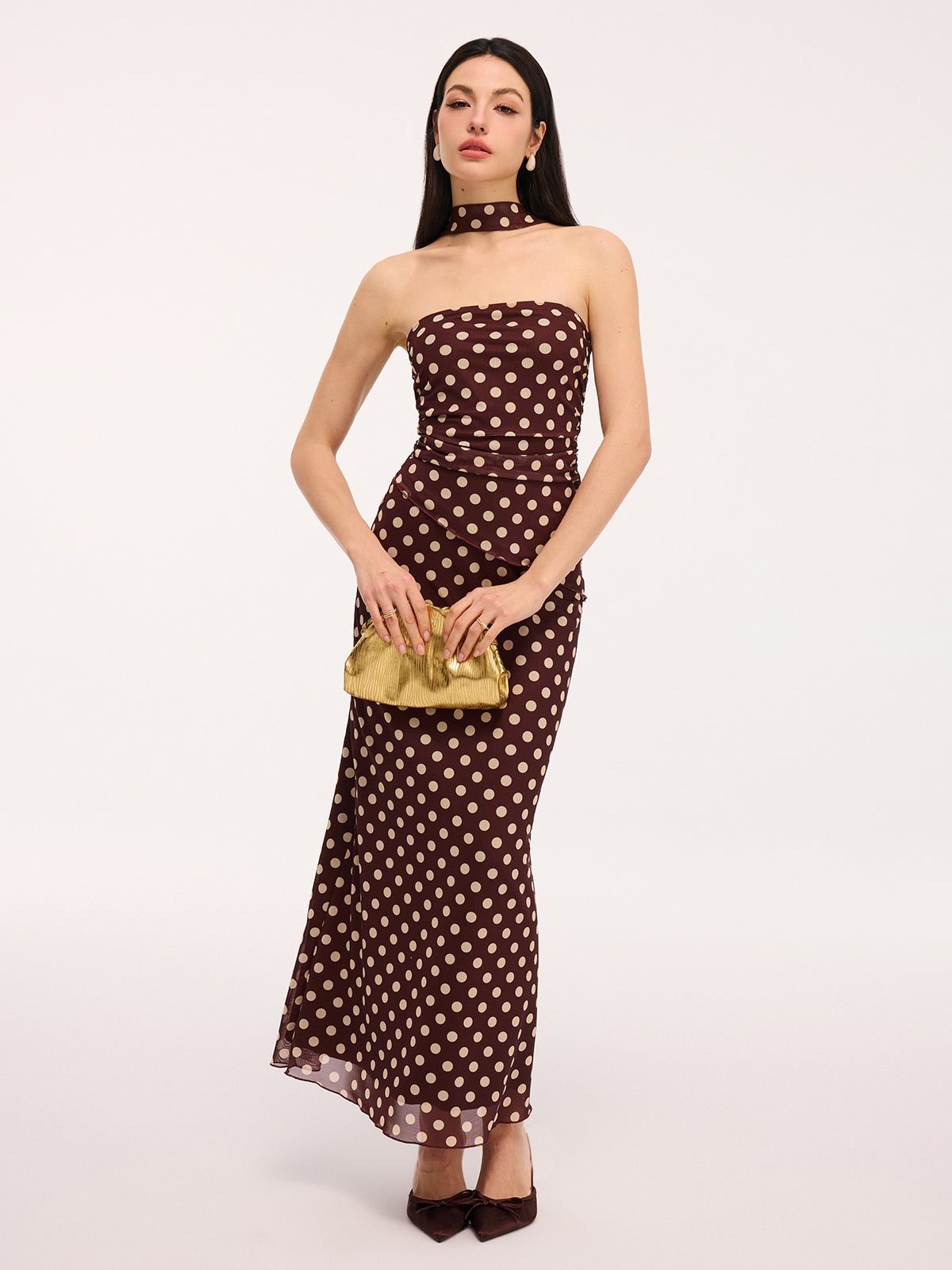 Polka Dot Ruched Scarf Top & Maxi Skirt Set-Chicvia