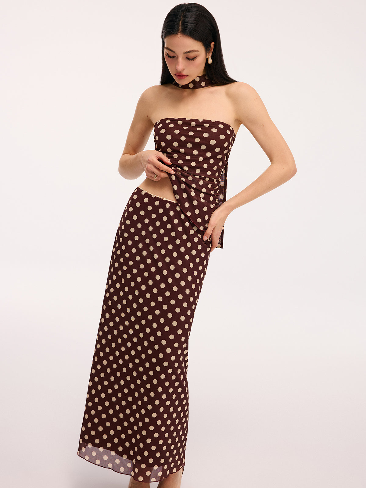 Polka Dot Ruched Scarf Top & Maxi Skirt Set-Chicvia