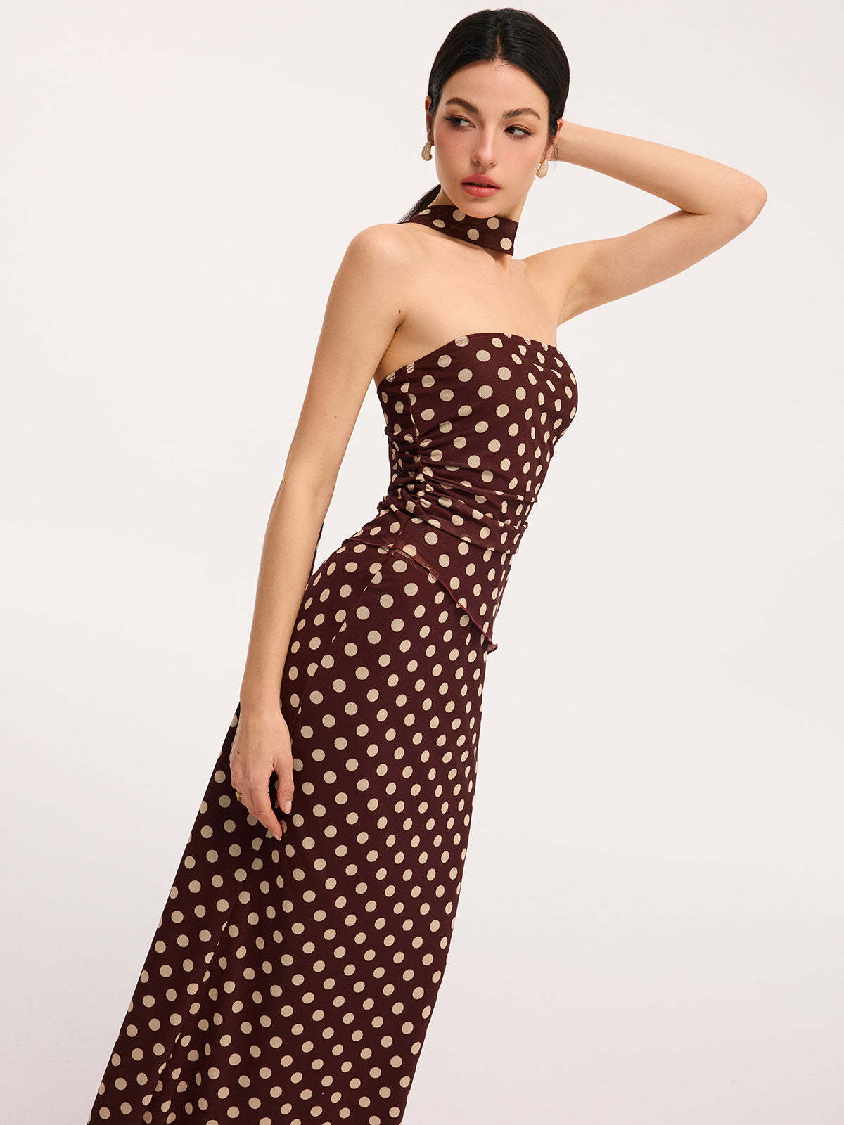 Polka Dot Ruched Scarf Top & Maxi Skirt Set-Chicvia