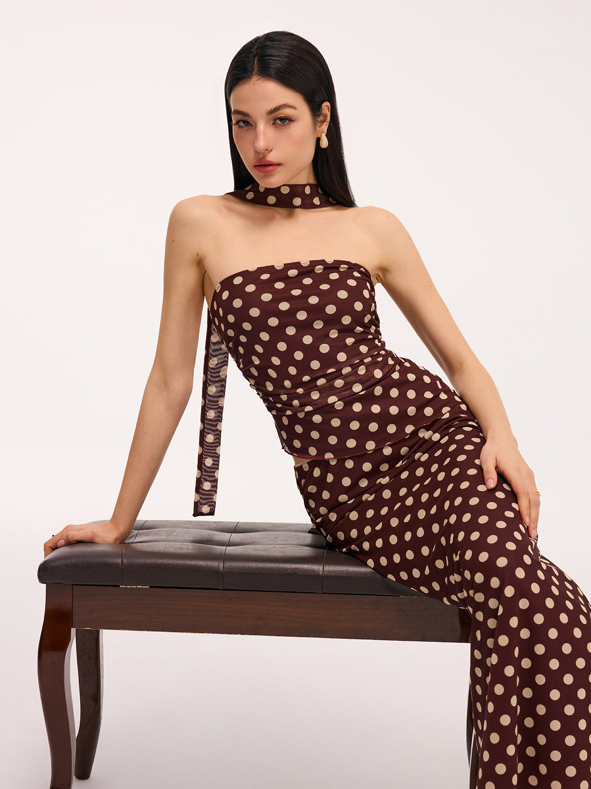 Polka Dot Ruched Scarf Top & Maxi Skirt Set-Chicvia