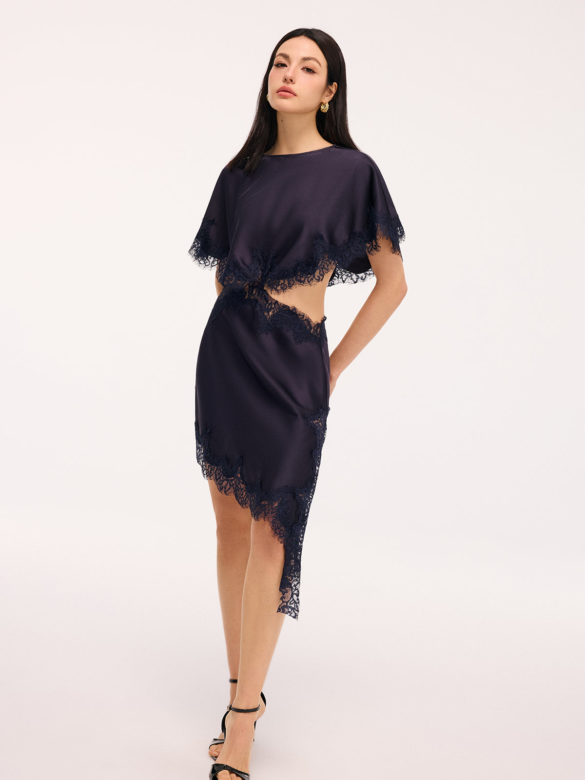 Lace Trim Satin Cut-Out Capelet Mini Dress-Chicvia