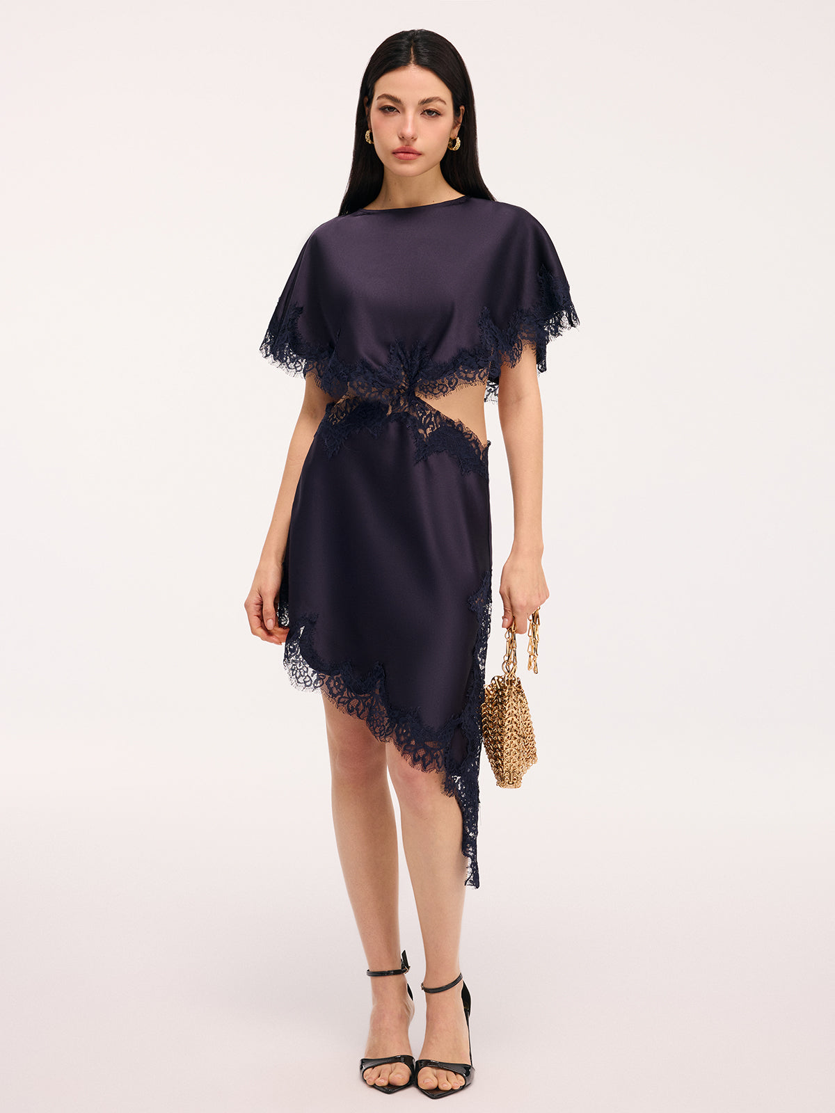 Lace Trim Satin Cut-Out Capelet Mini Dress-Chicvia