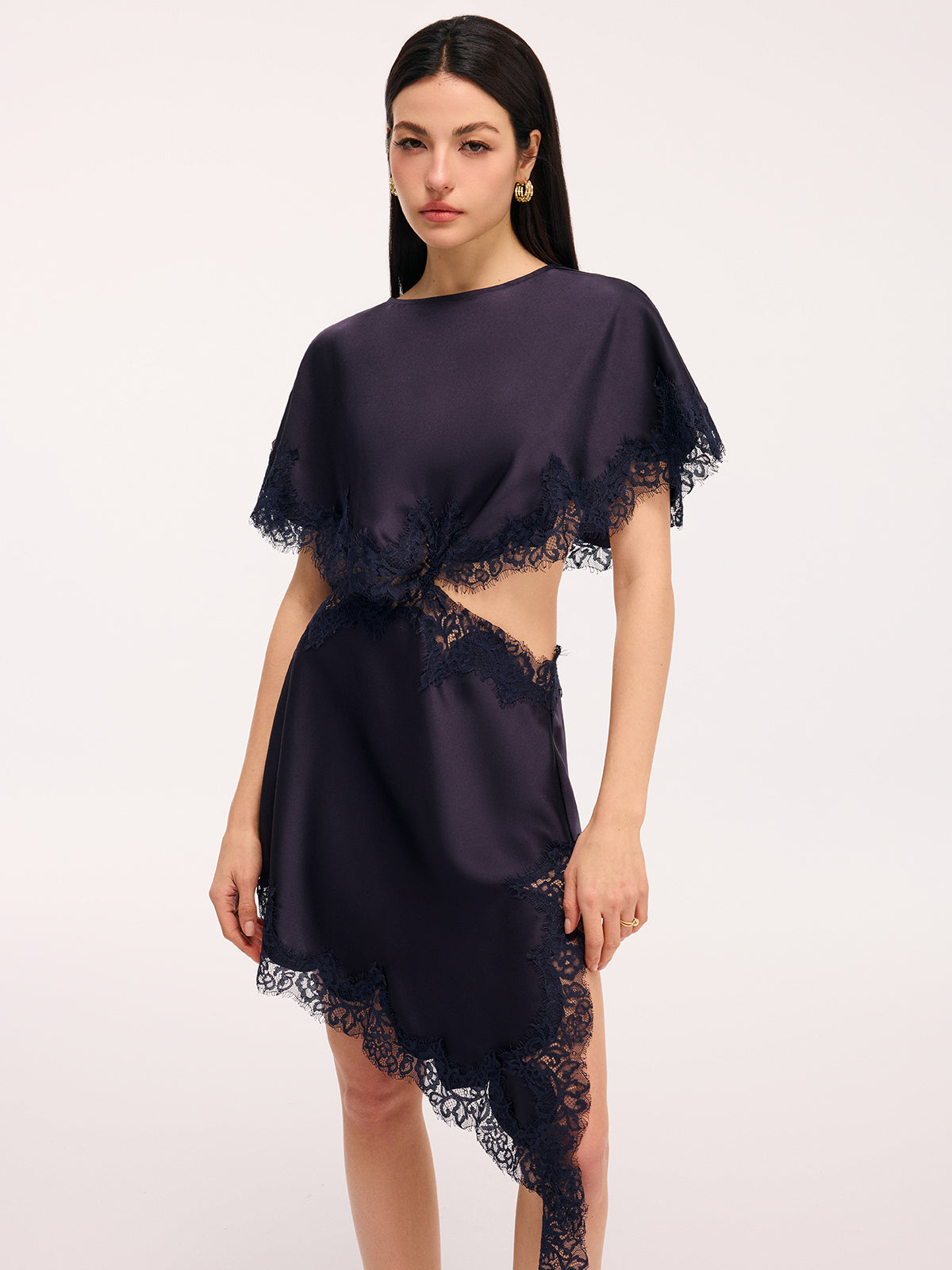 Lace Trim Satin Cut-Out Capelet Mini Dress-Chicvia