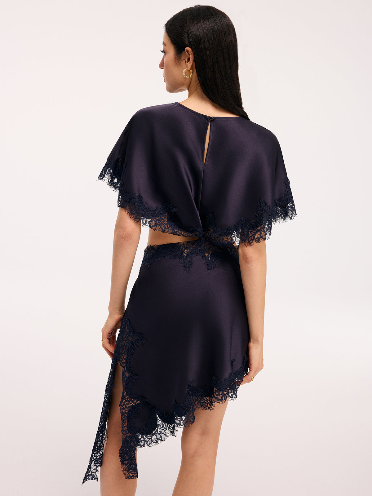 Lace Trim Satin Cut-Out Capelet Mini Dress-Chicvia