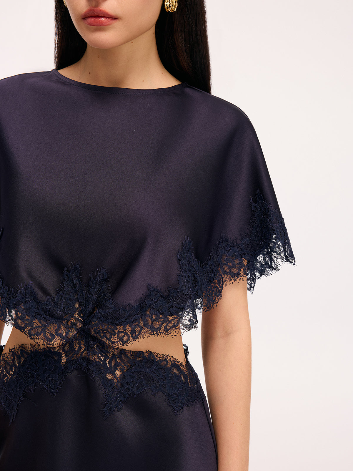 Lace Trim Satin Cut-Out Capelet Mini Dress-Chicvia