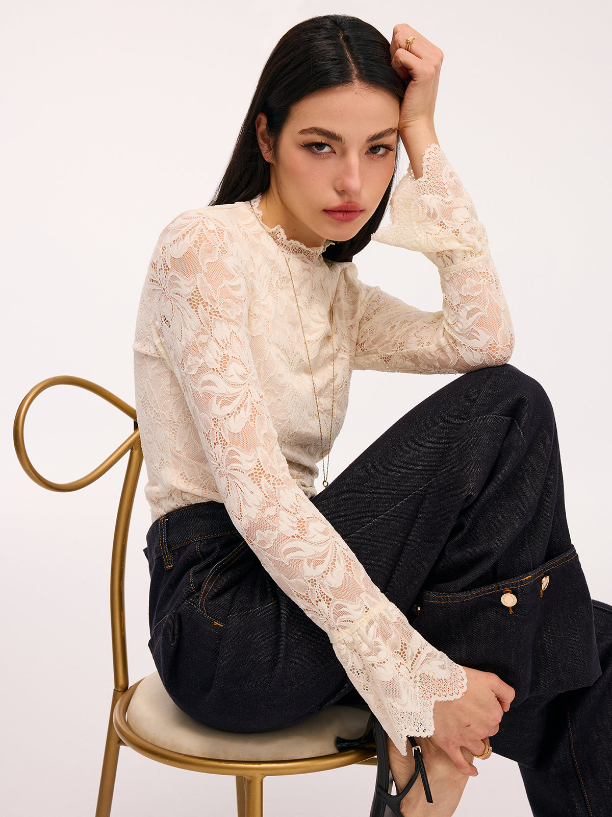 Lace Flared-Sleeve Mock Neck Bodysuit-Chicvia