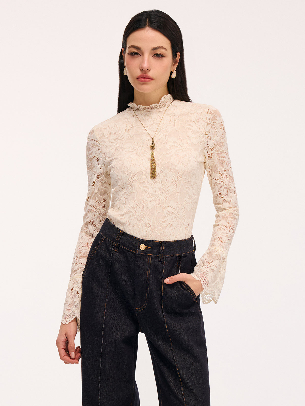 Lace Flared-Sleeve Mock Neck Bodysuit-Chicvia