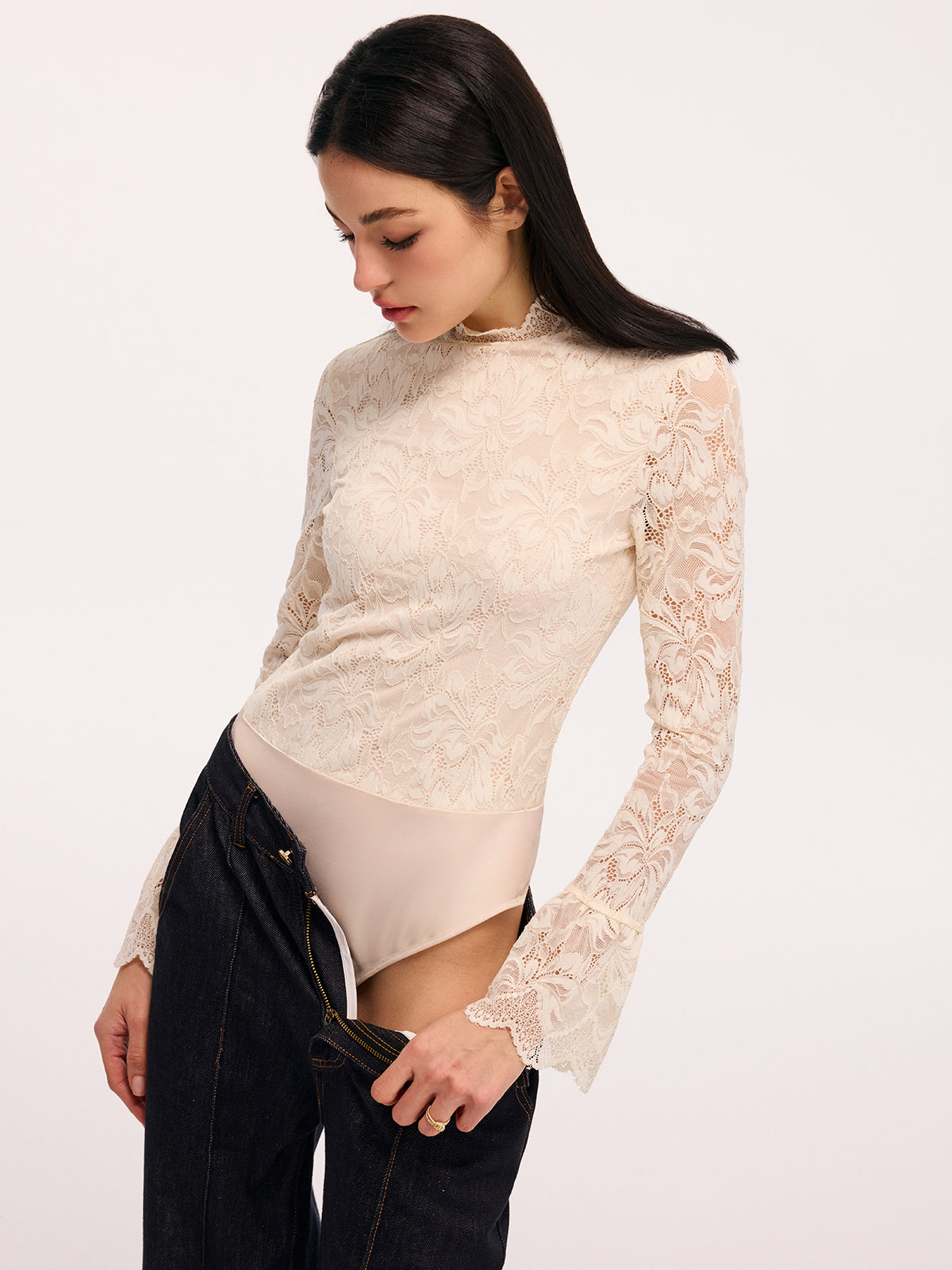 Lace Flared-Sleeve Mock Neck Bodysuit-Chicvia
