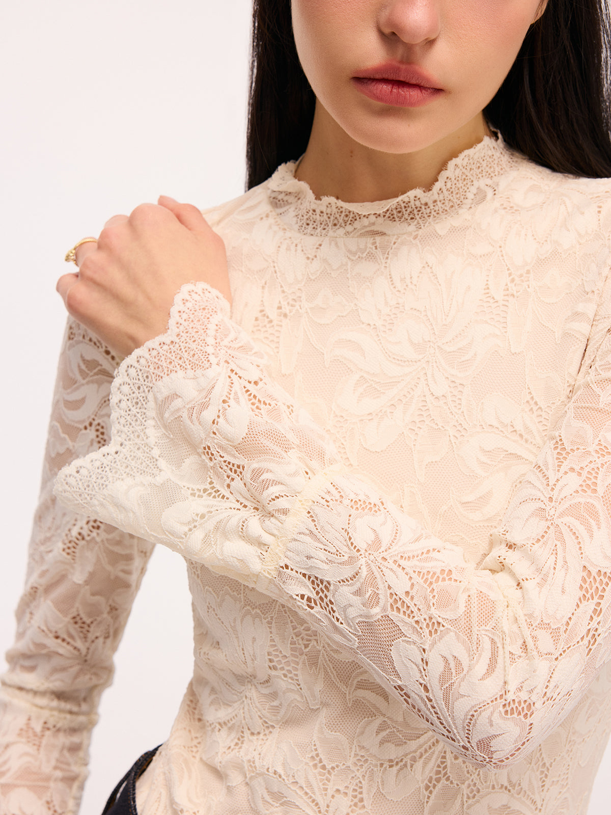 Lace Flared-Sleeve Mock Neck Bodysuit-Chicvia