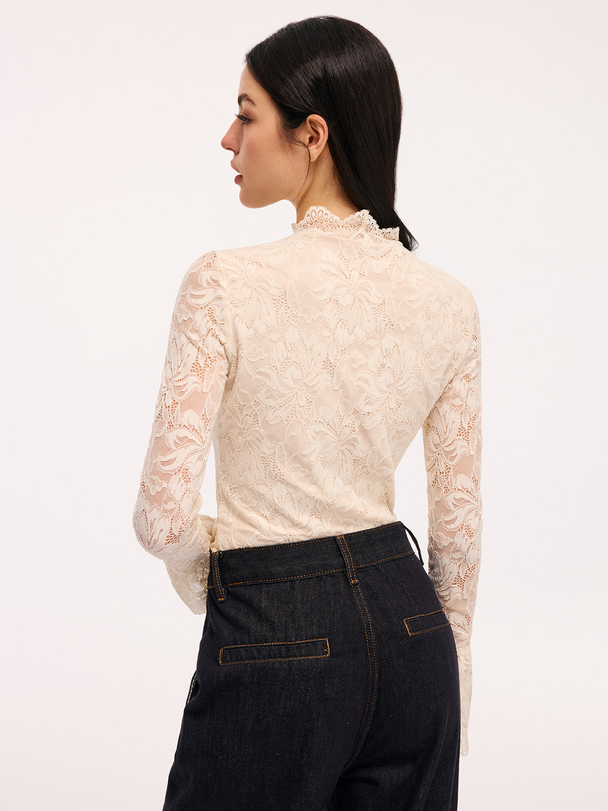 Lace Flared-Sleeve Mock Neck Bodysuit-Chicvia