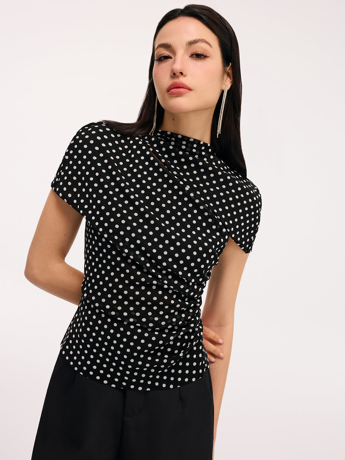 Polka Dot Cut-Out Ruched Short-Sleeve Blouse-Chicvia