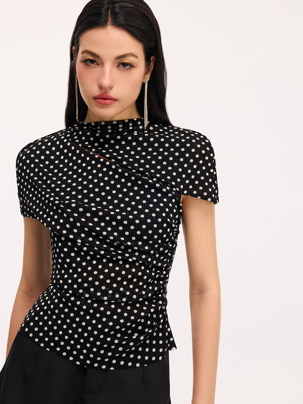 Polka Dot Cut-Out Ruched Short-Sleeve Blouse-Chicvia