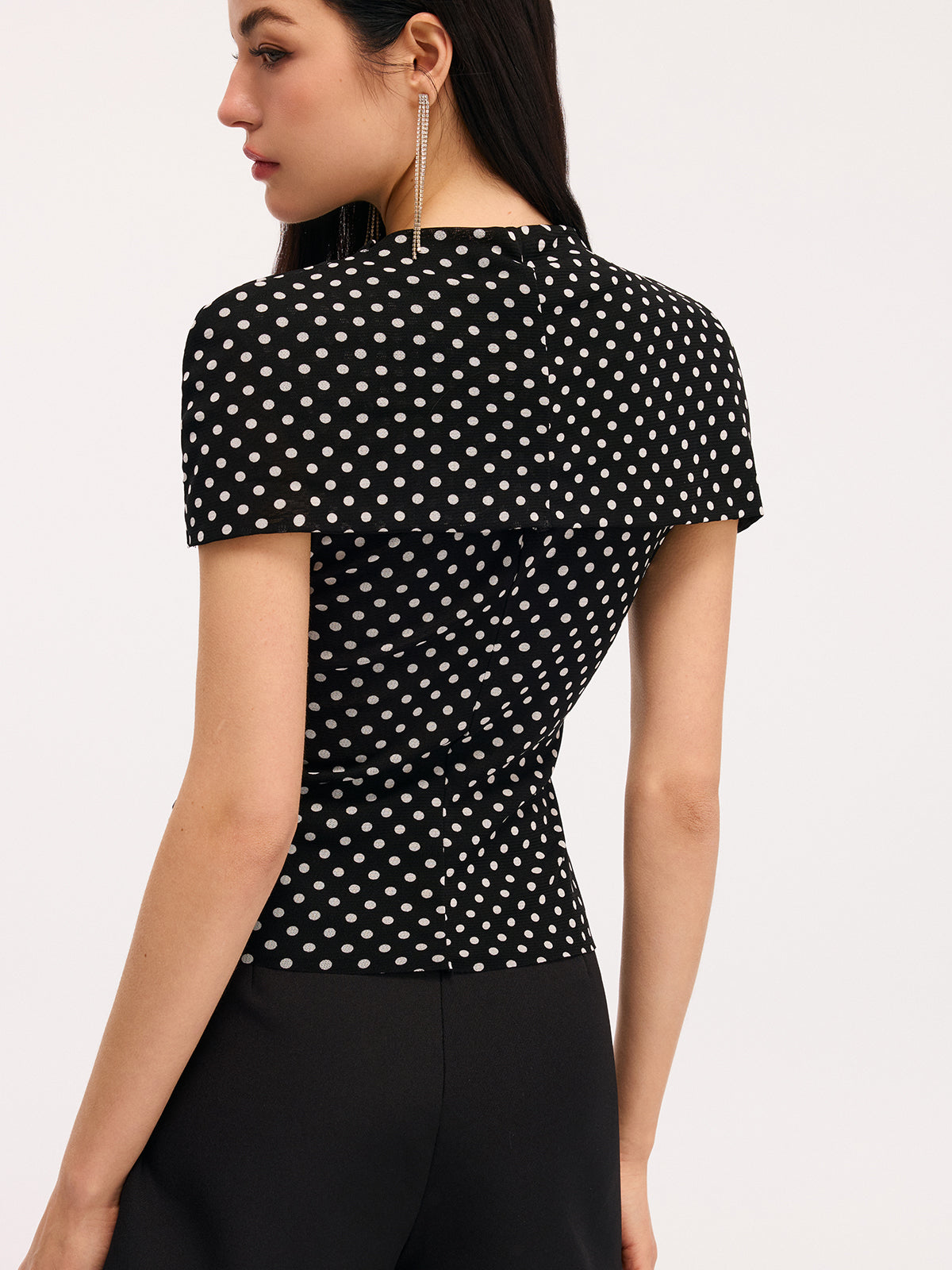 Polka Dot Cut-Out Ruched Short-Sleeve Blouse-Chicvia