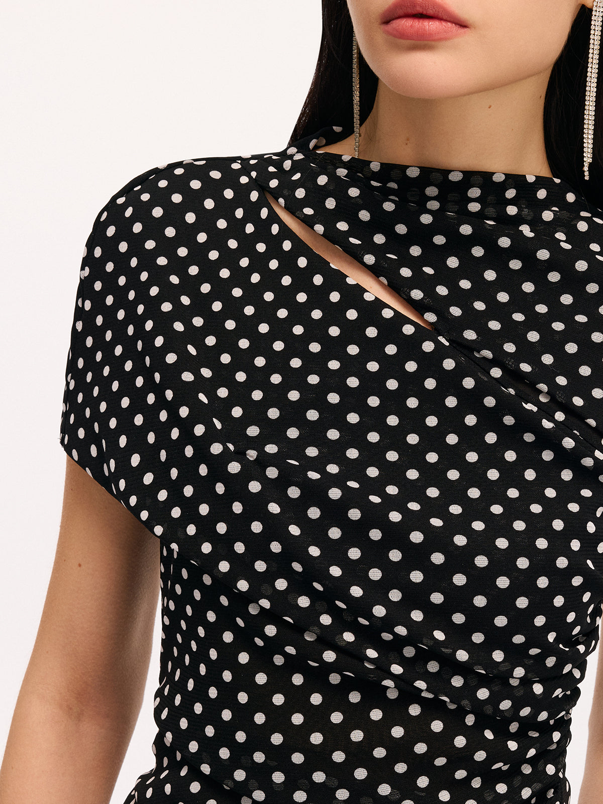 Polka Dot Cut-Out Ruched Short-Sleeve Blouse-Chicvia