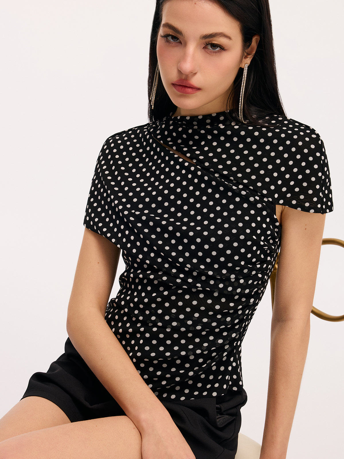 Polka Dot Cut-Out Ruched Short-Sleeve Blouse-Chicvia