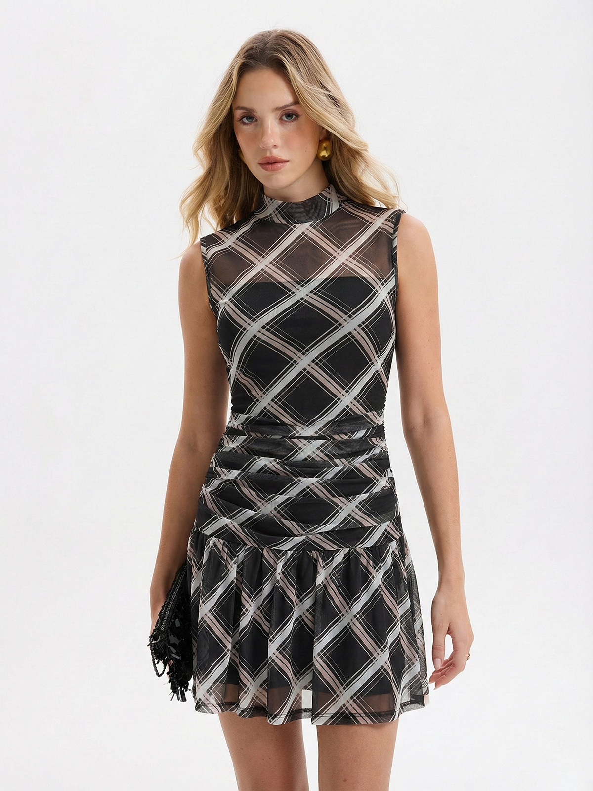 Mock Neck Ruffle Sheer Plaid Mini Dress-Chicvia