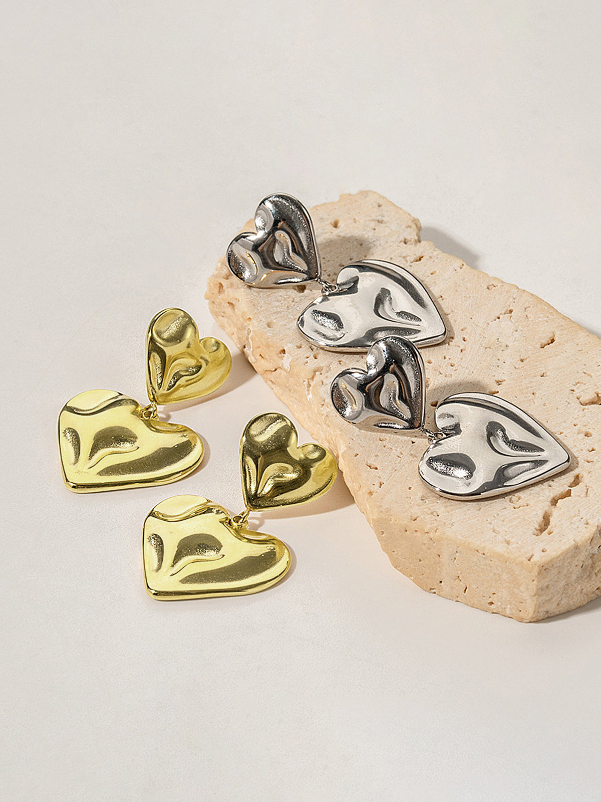 Double Crinkled Heart Drop Earrings-Chicvia