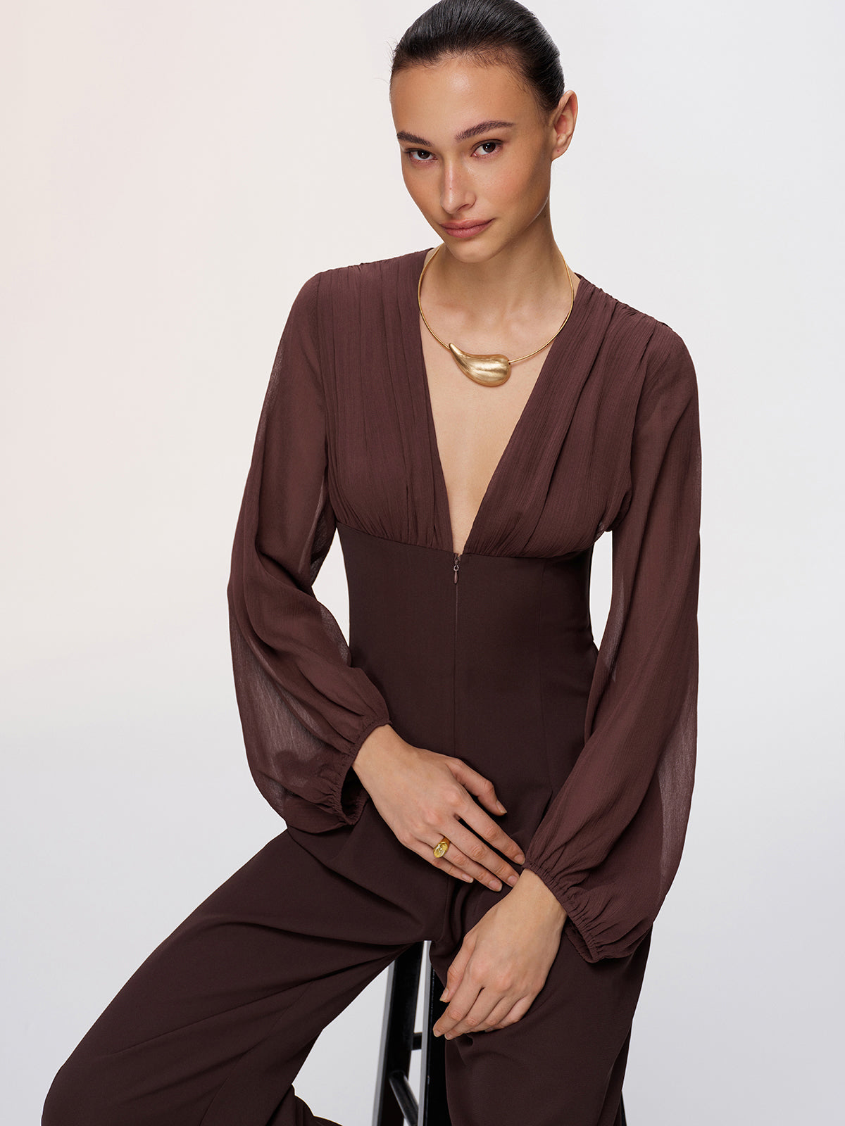 Deep V-Neck Chiffon Panel Pleated Jumpsuit-Chicvia