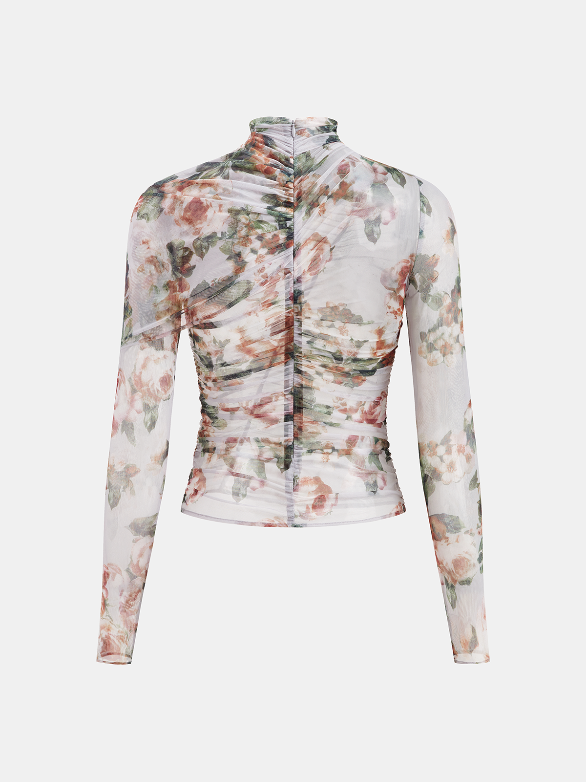 Floral Mesh Ruched High Neck Blouse-Chicvia