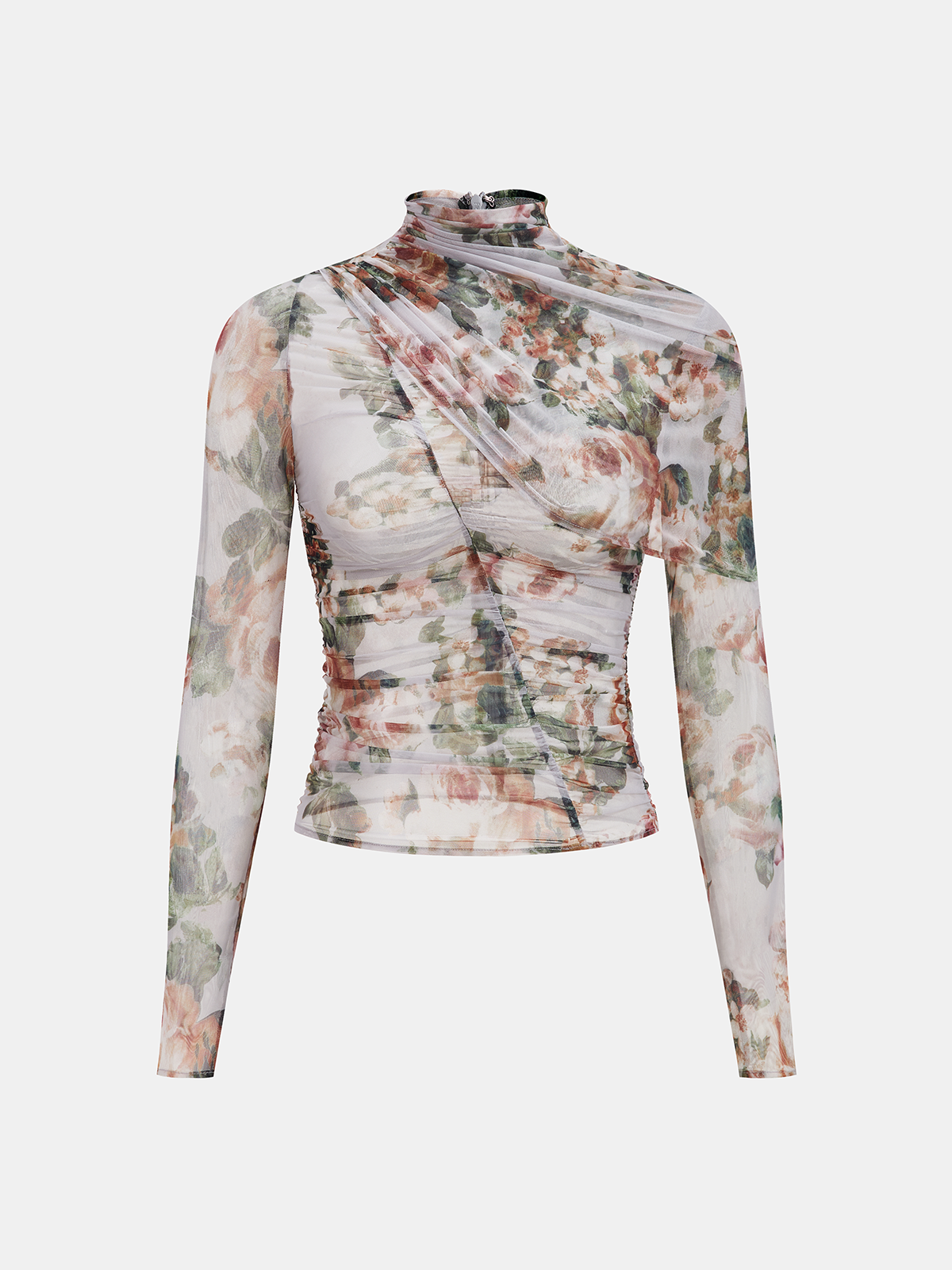 Floral Mesh Ruched High Neck Blouse-Chicvia