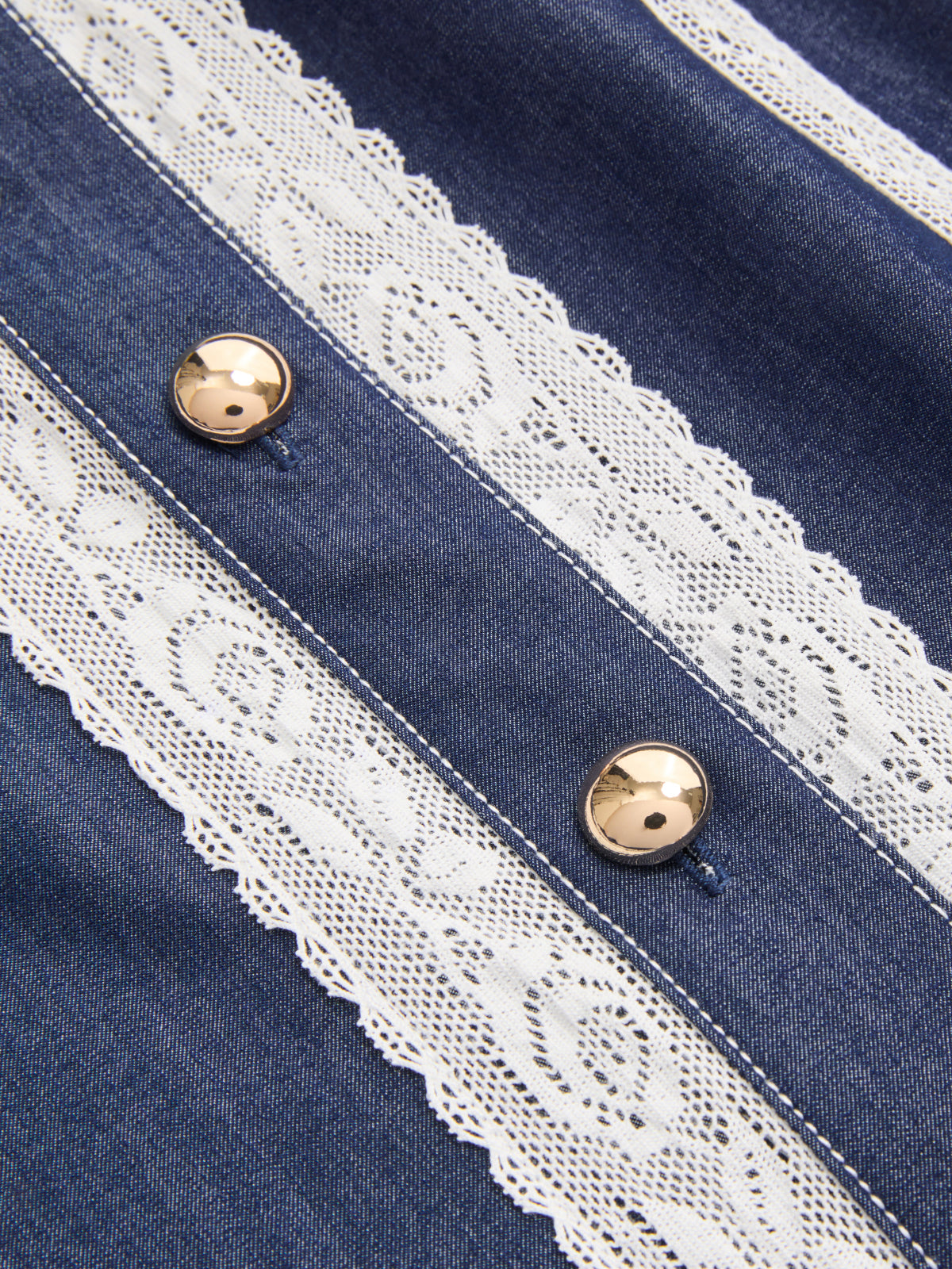 Lace Panel Faux Denim Shirt & Shorts Set-Chicvia