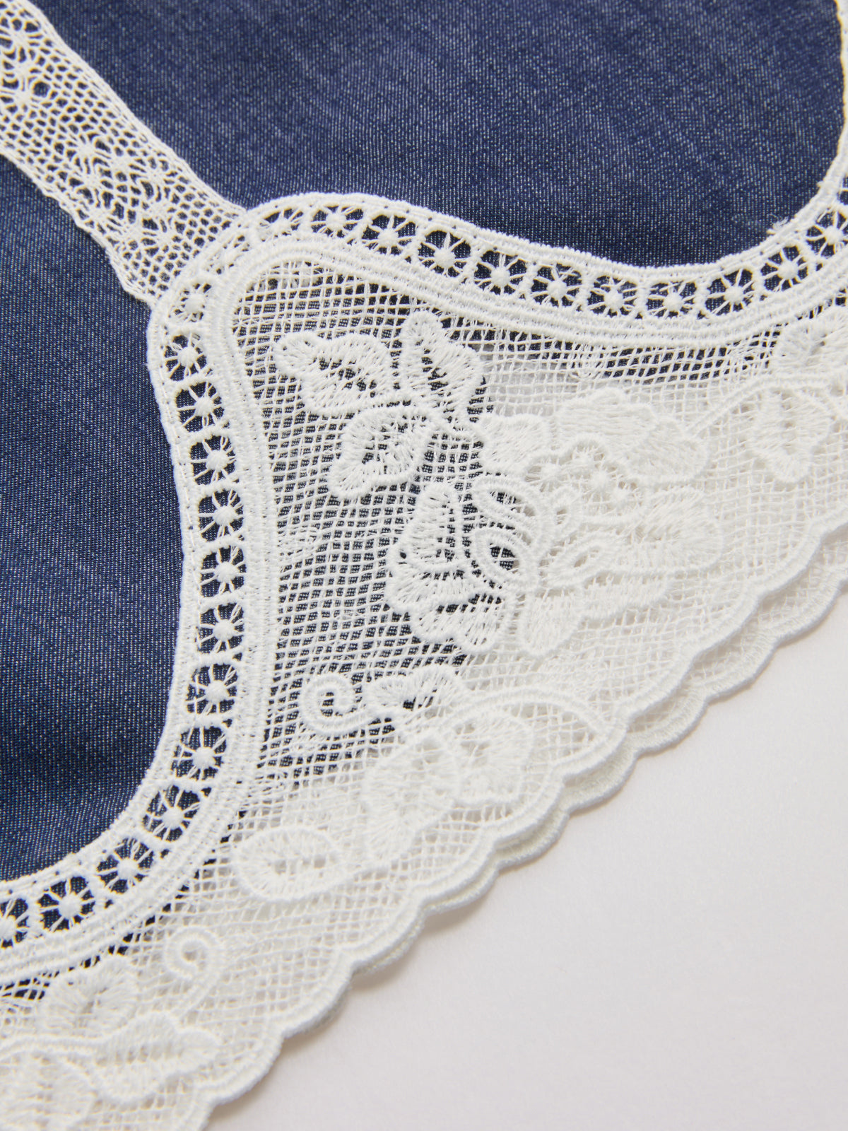 Lace Panel Faux Denim Shirt & Shorts Set-Chicvia