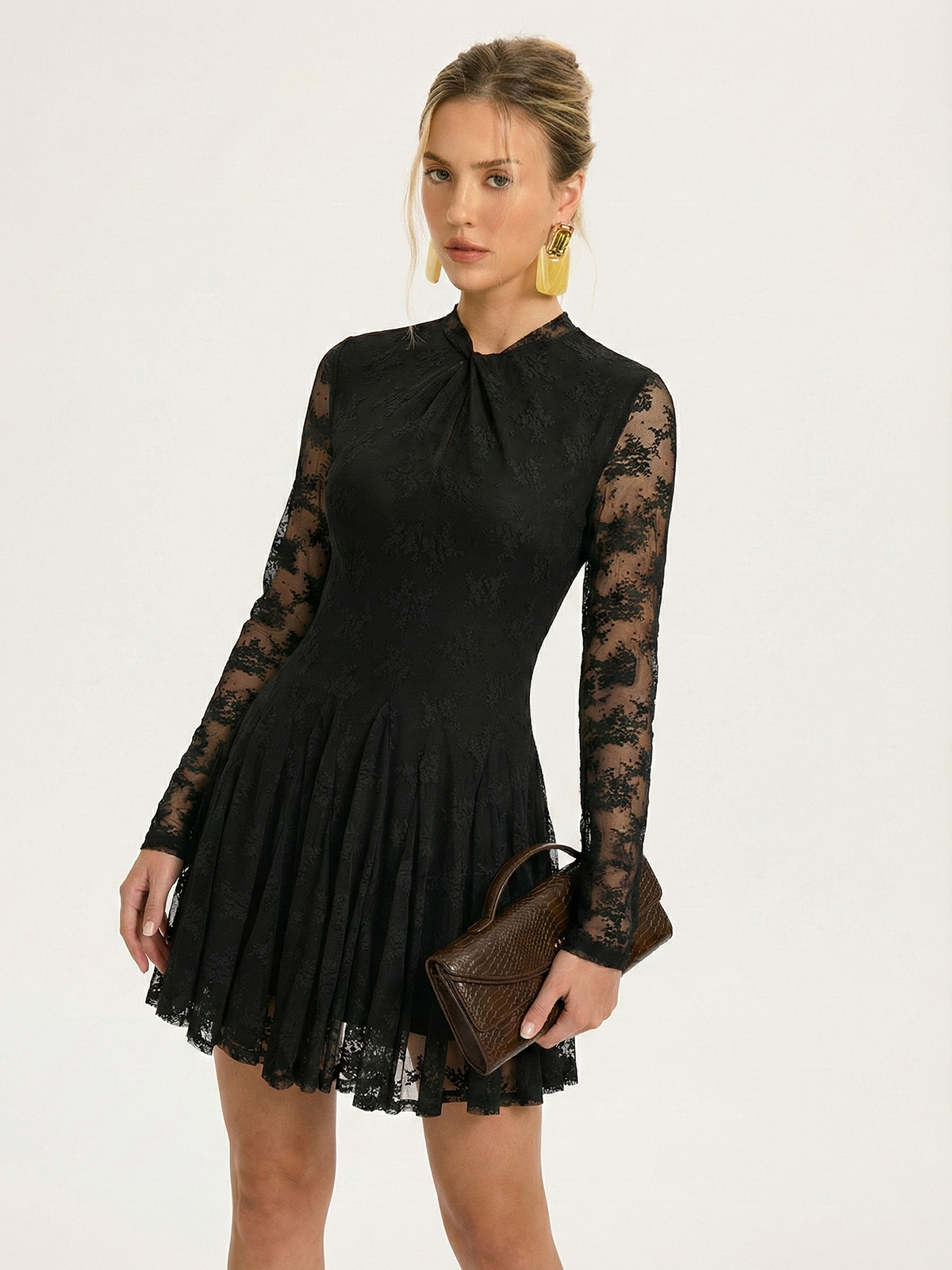 Lace Sheer-Sleeve & Cami Liner Two-Piece Mini Dress-Chicvia