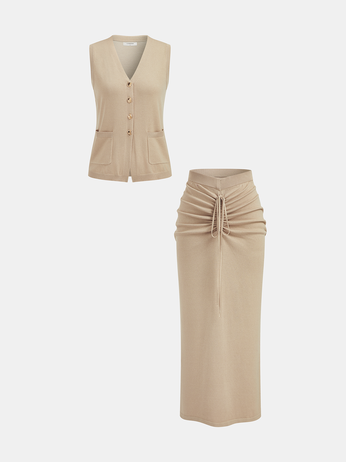 Buttoned Knit Vest & Ruched Midi Skirt Set-Chicvia