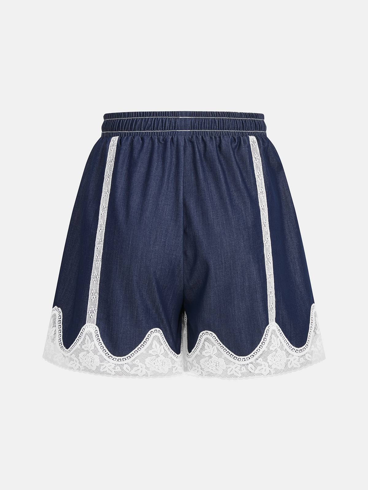 Lace Panel Faux Denim Shirt & Shorts Set-Chicvia