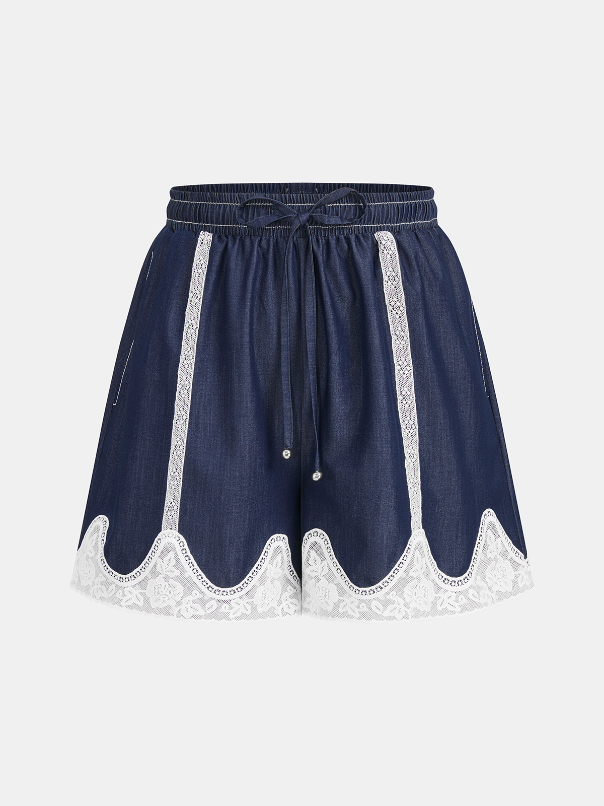 Lace Panel Faux Denim Shirt & Shorts Set-Chicvia