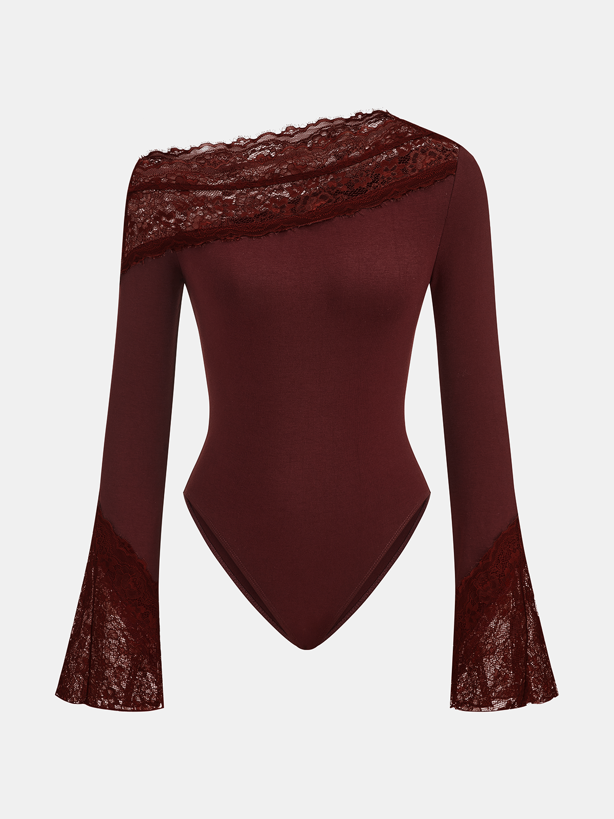 Lace Trim Bell Sleeve Off-Shoulder Bodysuit-Chicvia