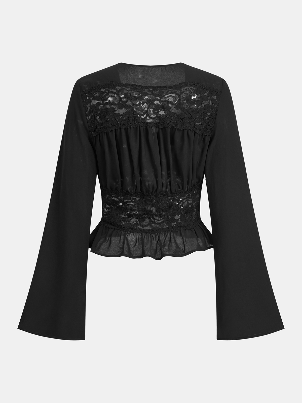 Lace-Paneled Bell-Sleeve Peplum Blouse-Chicvia