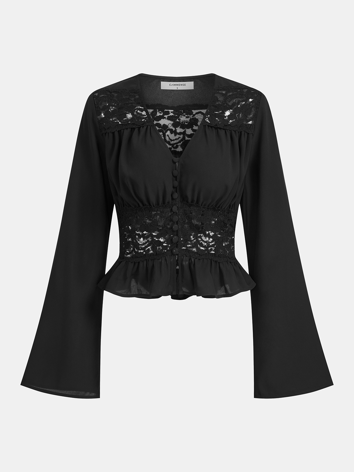 Lace-Paneled Bell-Sleeve Peplum Blouse-Chicvia