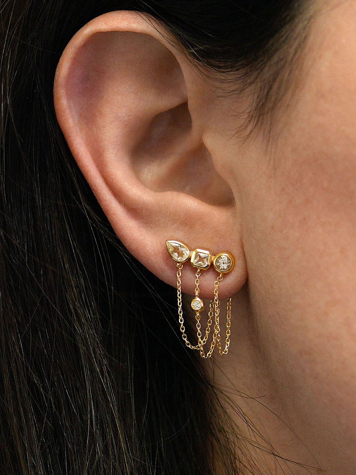 Multi-Stone Chain Drop Cluster Stud Earrings-Chicvia