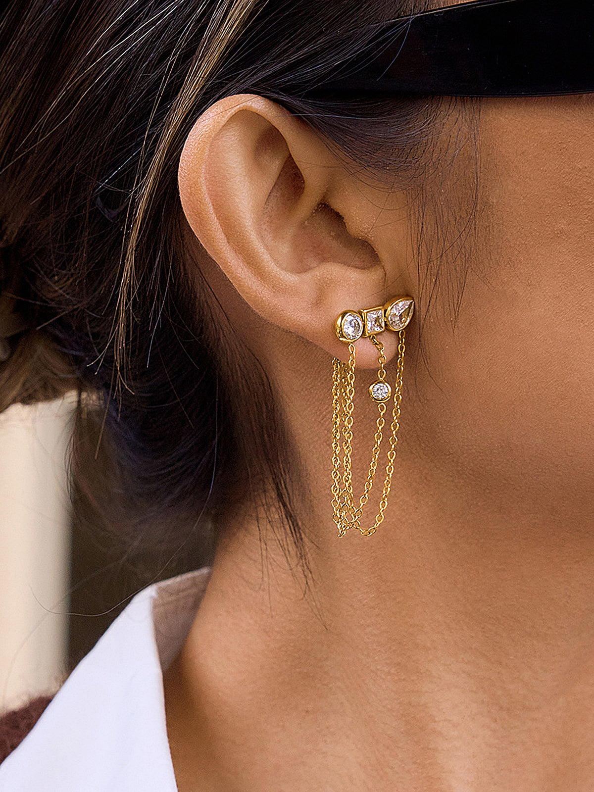 Multi-Stone Chain Drop Cluster Stud Earrings-Chicvia