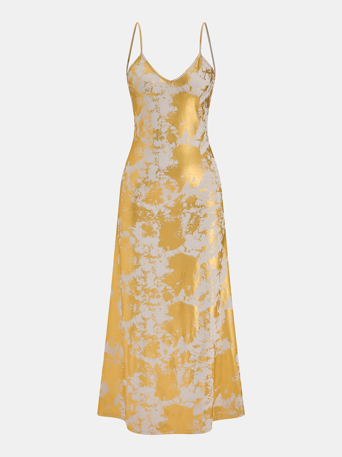 Metallic Print V-Neck Backless Slip Long Dress-Chicvia