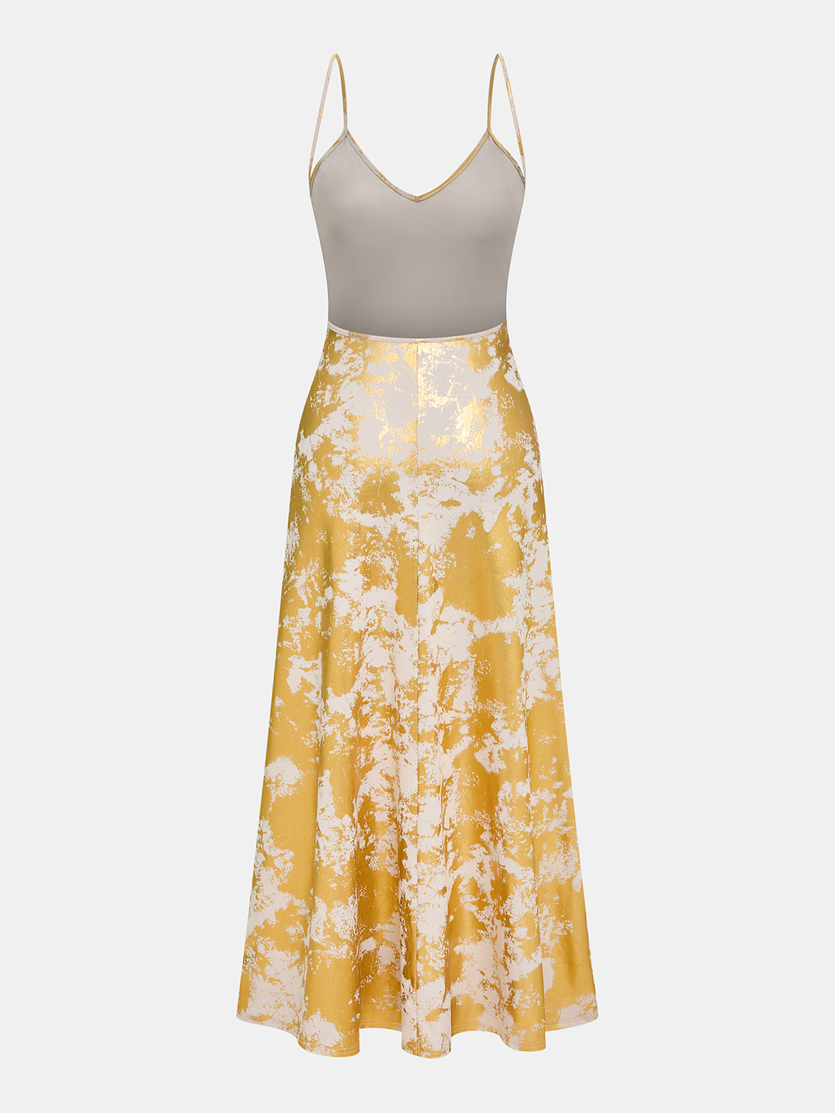 Metallic Print V-Neck Backless Slip Long Dress-Chicvia