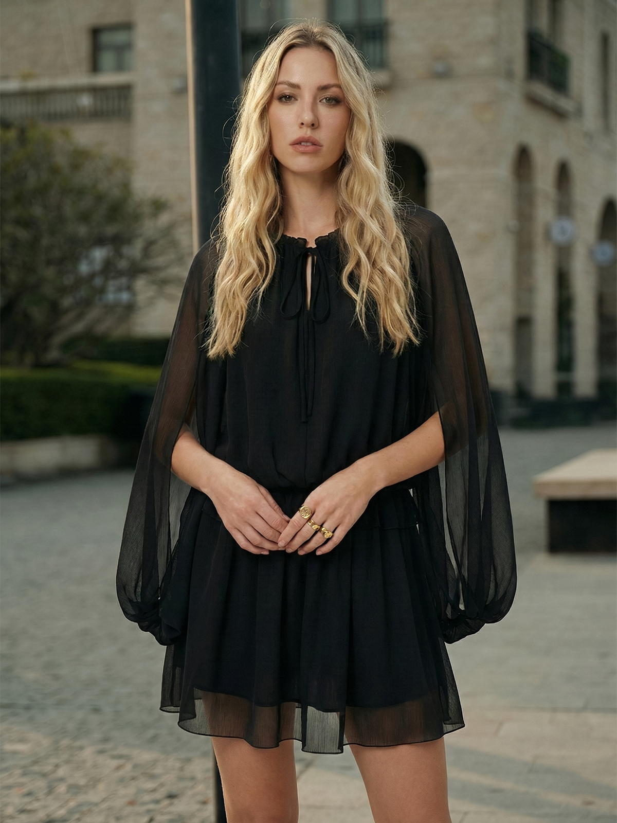 Chiffon Ruffle Tie Neck Long Sleeve Mini Dress-Chicvia