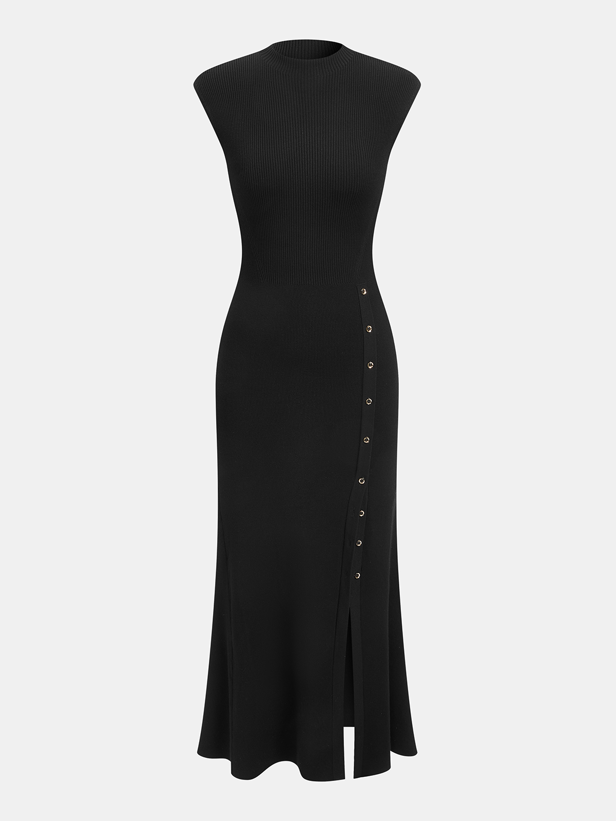 Button Detail Cap Sleeve Rib Knit Maxi Dress-Chicvia