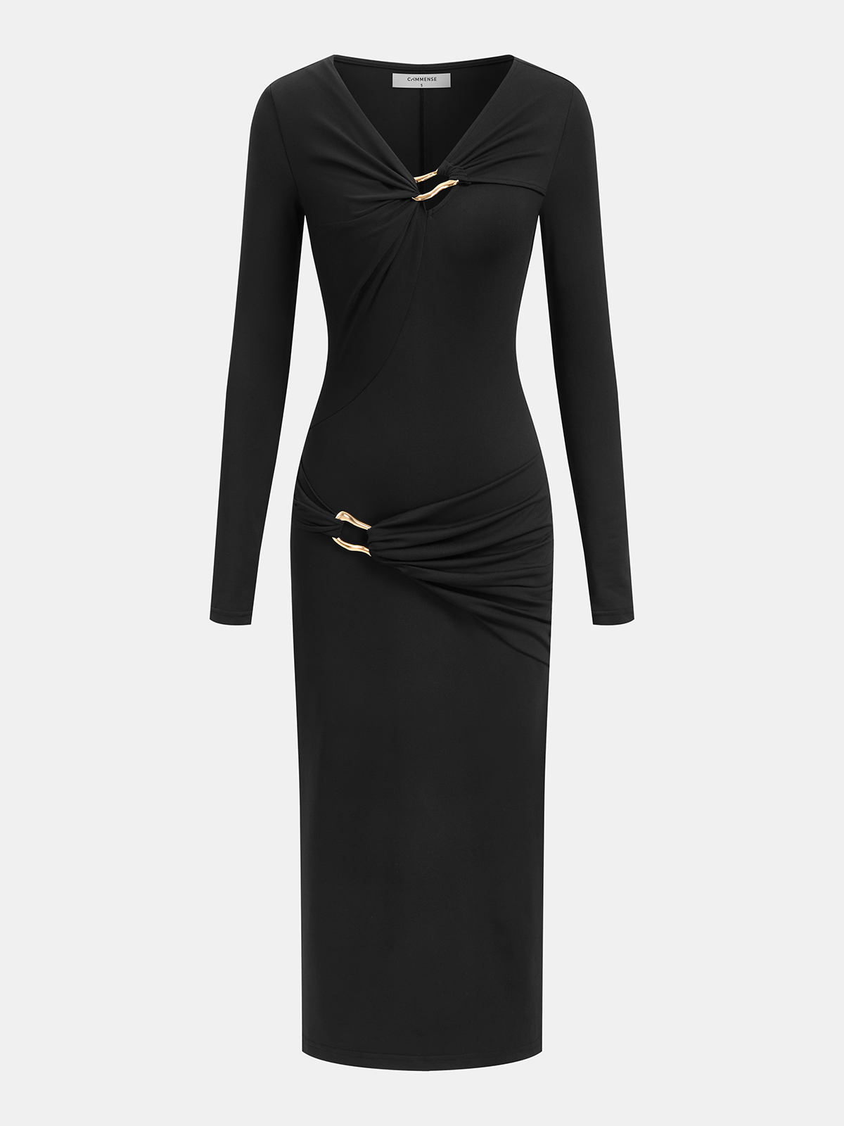 Metal Detail Long-Sleeve Midi Dress-Chicvia
