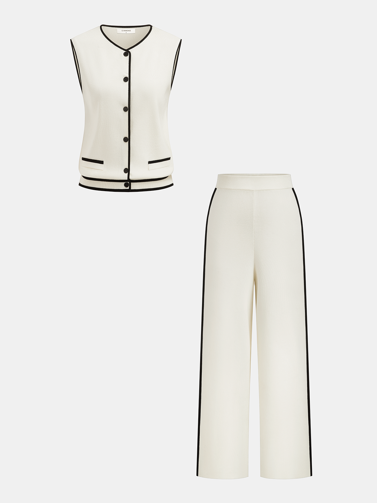 Contrast Piping Knit Vest & Wide-Leg Pants Set-Chicvia