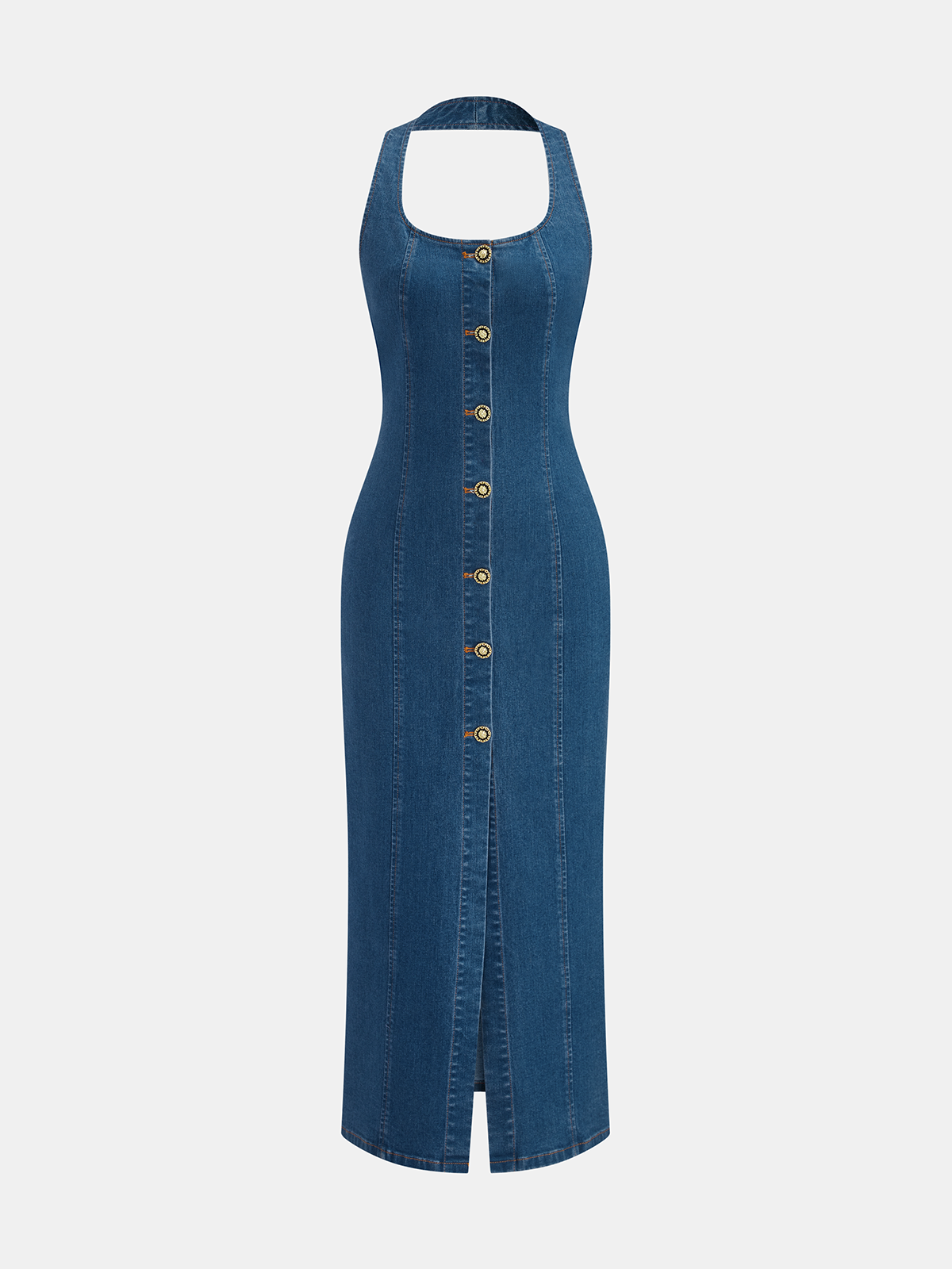 Denim Halter Button Front Maxi Dress-Chicvia