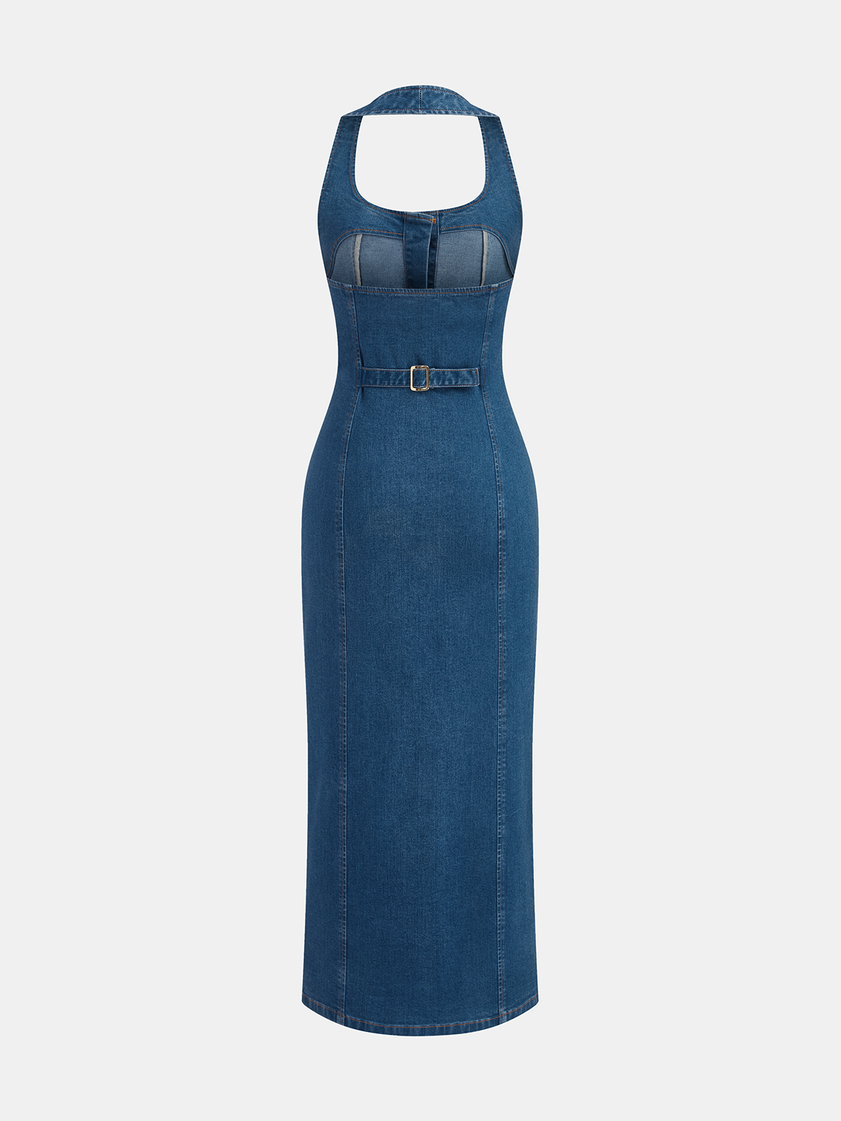 Denim Halter Button Front Maxi Dress-Chicvia