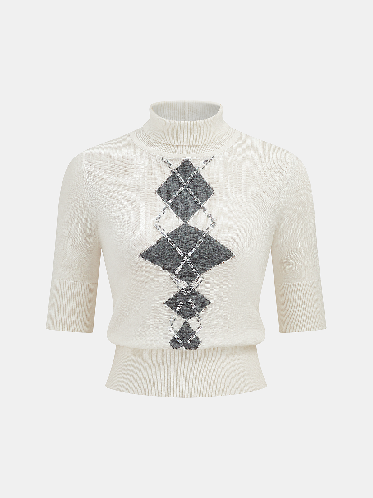 Embellished Argyle Wool-Blend Turtleneck Sweater-Chicvia
