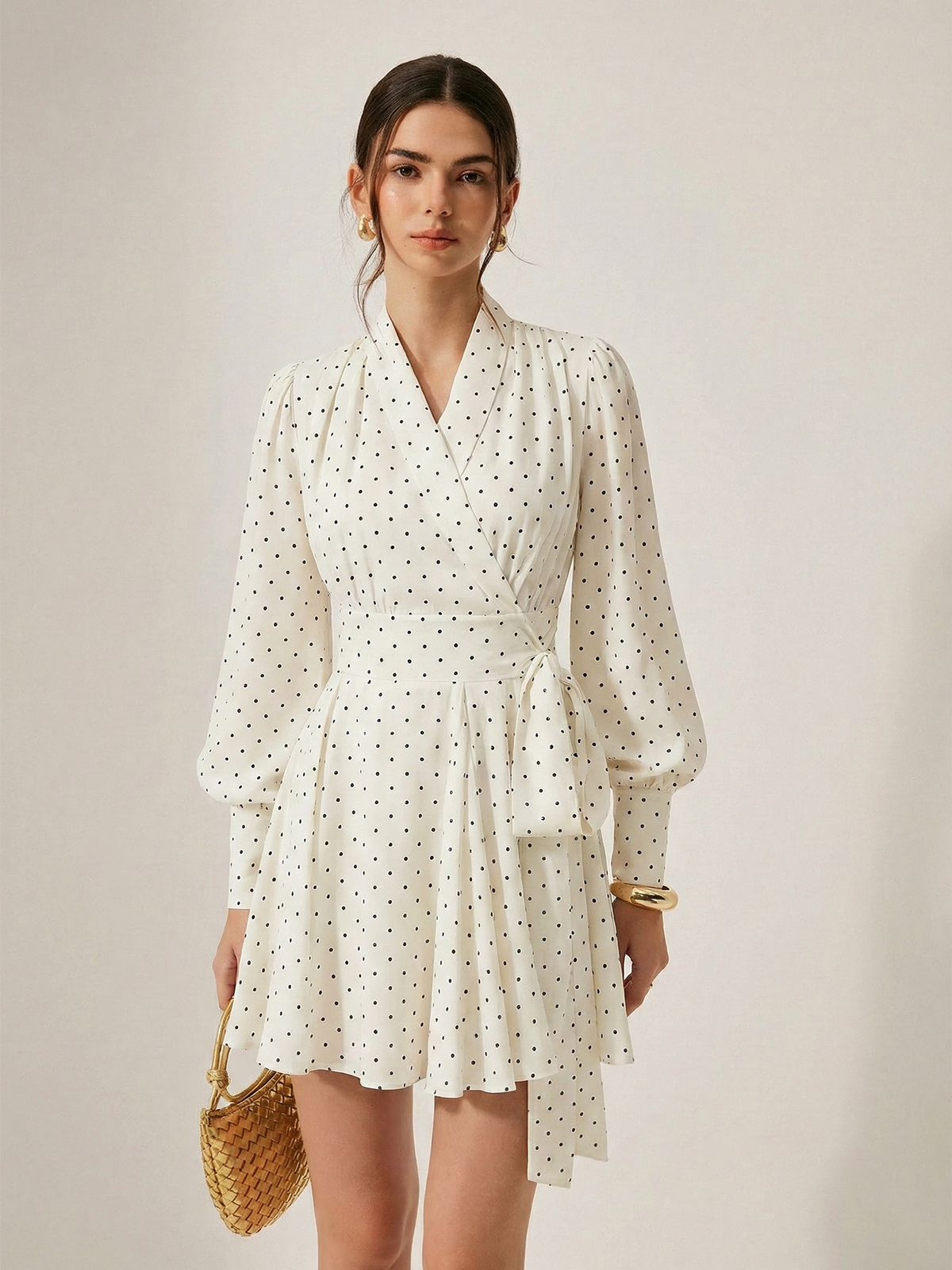 Polka Dot Wrap Tie Waist Mini Dress-Chicvia