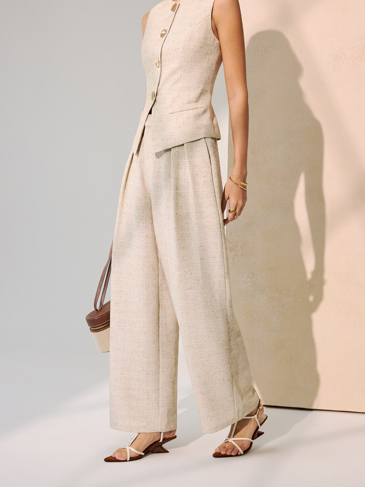 Metal Button Vest & Wide-Leg Pants Set-Chicvia