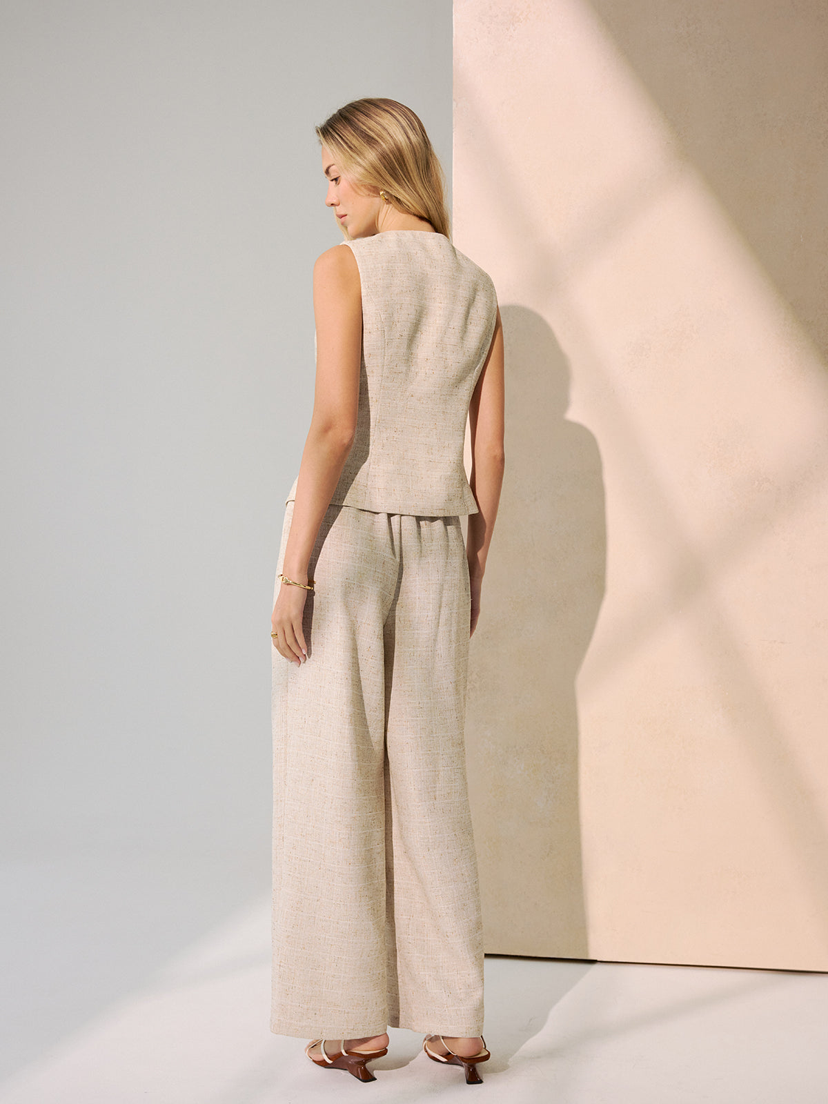 Metal Button Vest & Wide-Leg Pants Set-Chicvia